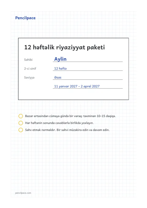 Ad, sinif, səviyyə və 12 həftənin tarixləri yazılmış üz qabığı