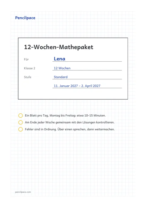 Deckblatt mit Name, Klasse, Stufe und den Daten der 12 Wochen