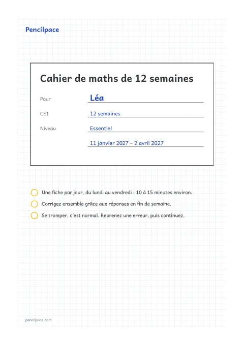 La couverture avec le prénom, la classe, le niveau et les dates du trimestre