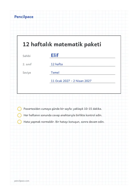 Ad, sınıf, seviye ve 12 haftanın tarihlerini içeren kapak